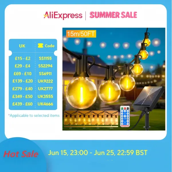 G40 Solar String Lights with Remote Control Outdoor 15M Patio Lights/21pcs LED Shatterproof Bulbs for Backyard Bistro Decoration