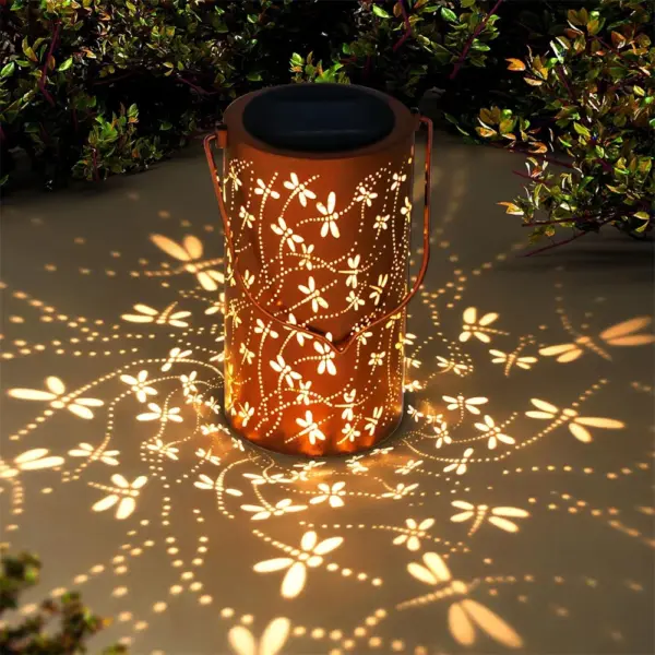 Solar Powered Lantern with Dragonfly Design Durable Metal Outdoor Hanging Light Solar Charged Lamp for Garden Pathway Landscape