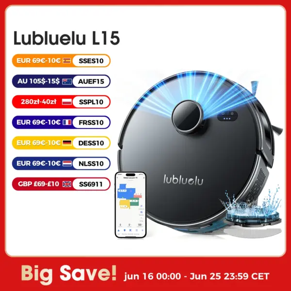 Lubluelu L15 Robot Vacuum And Mop Combo 5000Pa, 3 In 1 Robot Vacuum Cleaner,Robot Vacuum, Auto-Charging, 5 Maps, 30 No-go Zones