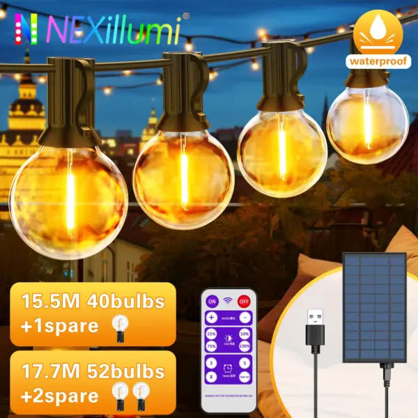 Solar String Lights Outdoor G40 Patio Lights, USB Recharger, 8 Light Modes, Shatterproof Bulbs , Weatherproof Hanging Light
