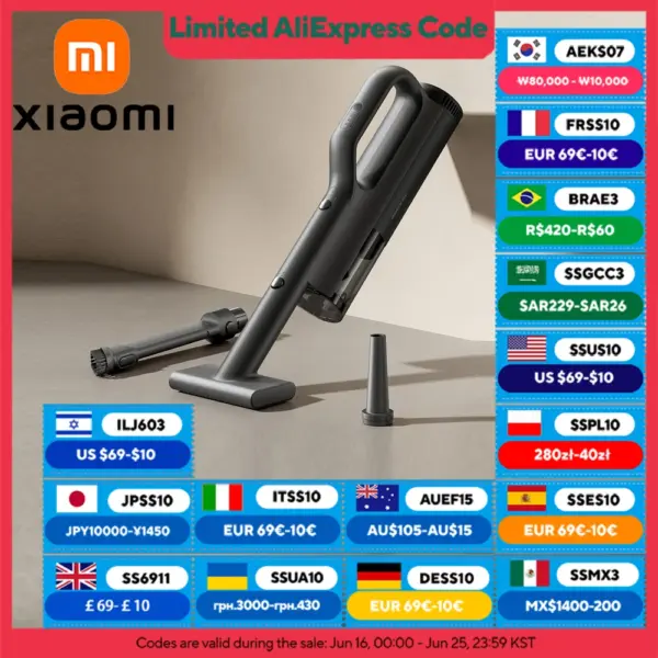 XIAOMI MIJIA Car Vacuum Cleaner 21kPa Suction,Type-C Fast Charg,150mL Dust Cup,For Home Wireless Vacuum Cleaners,2400mAh Battery