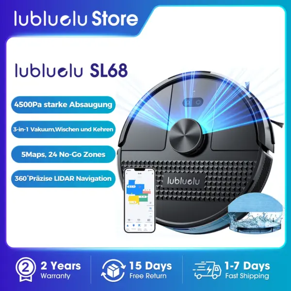 Lubluelu SL68 Robotic Vacuum Cleaner, 4500Pa Suction Power, Anti-Siphon, 5 Maps, Self-Charging, 24 No-Go Zones,110V-240V Power
