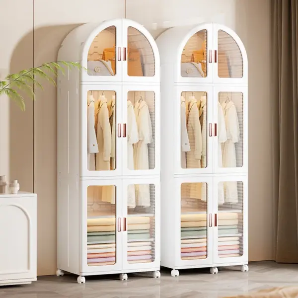Foldable Plastic Wardrobe Closet for Kids Double Door Storage Cabinet Multi-Layer Organizer for Clothes Toys Bedroom Nursery