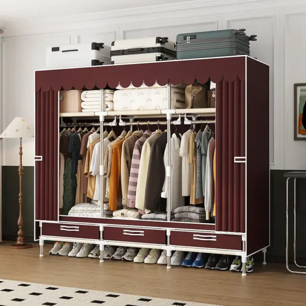 This Wardrobe Width Is 59.05inch, Approximately 150cm It Is Equipped with 3 Storage Drawers and Is Made of Solid Metal Frames and Durable Fabric Covers. The Frame Is Commonly Used Steel Pipe or Aluminum Alloy, to Ensure the Structural Stability of Easy-Moving Wardrobe and Portable Wardrobe.