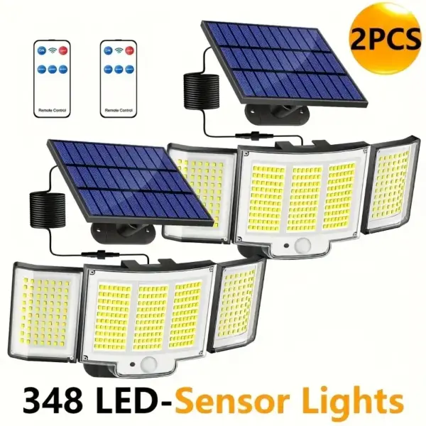 2PCS Solar Lights Outdoor 348 LED Security Light with Motion Sensor 3 Modes Waterproof Solar Powered Wall Lamp for Garden Garage