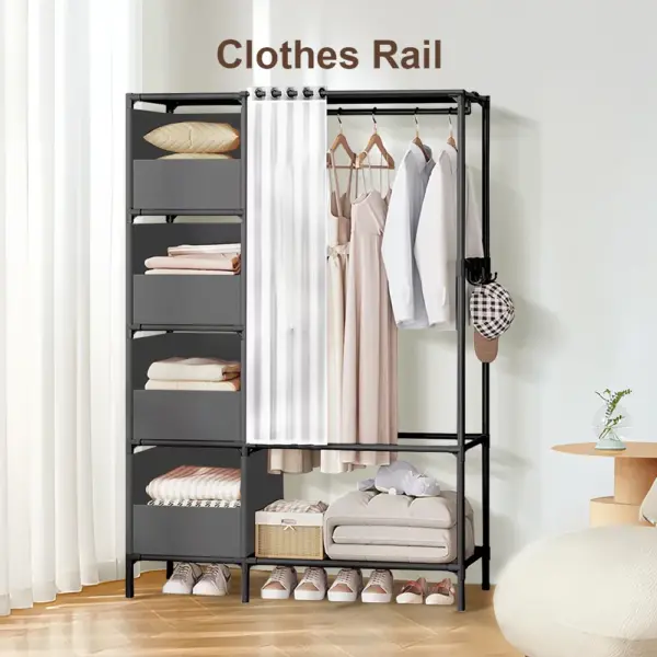 Simple wardrobe double rows with door curtains, Open Vertical Hanger, Thickened and Reinforced Steel Tube Wardrobe Hanger