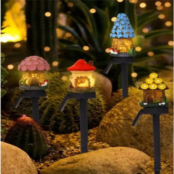 1pc creative solar resin mushroom house light, waterproof small house LED floor plug light for outdoor garden lawn decoration,