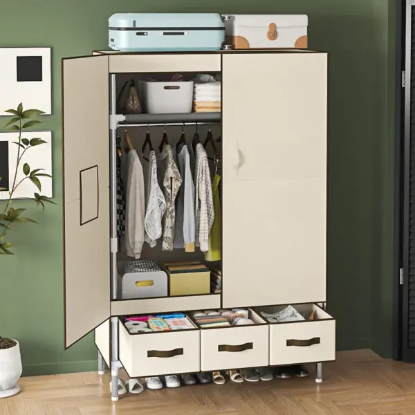 Portable wardrobe for home bedroom, magnetic door design, bottom with drawers, sturdy and durable steel pipe frame