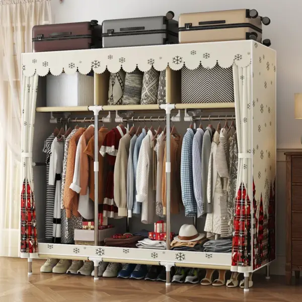 Large-Capacity Clothing Storage Wardrobe with Dust Cover - Easy to Assemble, Durable Metal Frame and Fabric Design for Home, Dormitory or Rental - Hanging Rod and Shelf for Shirts, Jeans, Etc., Clothing Storage Rack