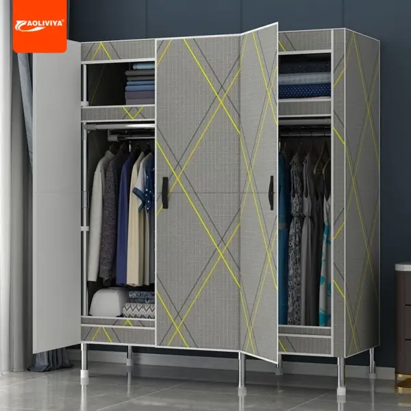 AOLIVIYA Wardrobes Simple Assembly Sliding Magnetic Door Cloth Wardrobe Bedroom Rental Room with Thick Three Door Full Steel Fra