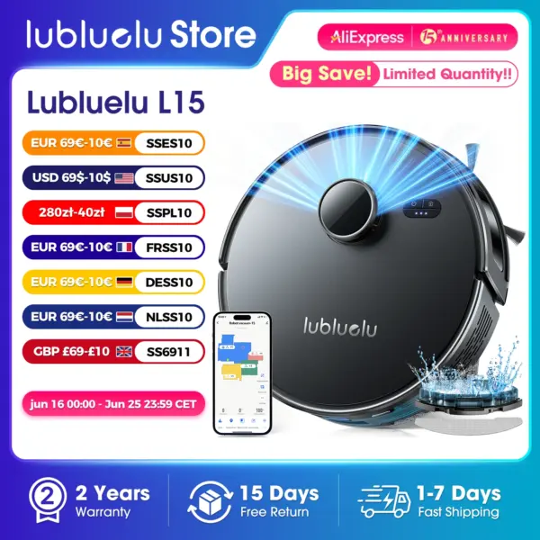 Lubluelu L15 Robot Vacuum And Mop Combo 5000Pa, 3 In 1 Robot Vacuum Cleaner,Robot Vacuum, Auto-Charging, 5 Maps, 30 No-go Zones