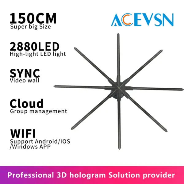 150CM 3D Hologram Fan Display with 2880 LED Lights WiFi Cloud Advertising Party Decorative Event Shop Lighting