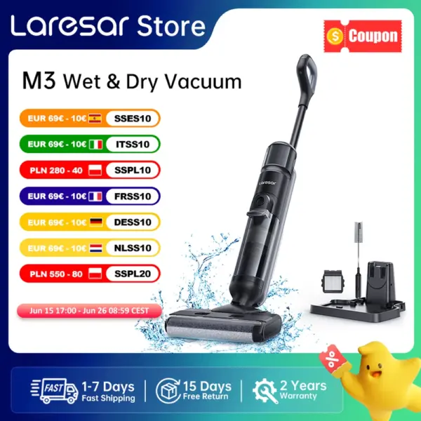 Laresar M3 Cordless Wet Dry Vacuum Cleaner Mop, Edge Cleaning 55min Auto Suction Floor Washer Self-Cleaning Smart Home Appliance