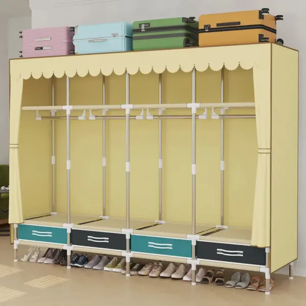 1 Piece of Simple and Modern Wardrobe, with Solid Color Curtain Door Curtain, Slide Rail, Assembly Rental, Economical, Sturdy, Durable, All-Steel Frame, Multi-Interface Fixed Home Storage Wardrobe, Suitable for Bedroom