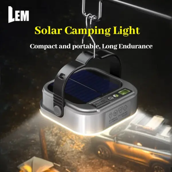 LEM Solar Lamp Light Camping Outdoor Led 800 LM Long Endurance Rechargeable Waterproof Tent Lights Digital Display & Hook Design
