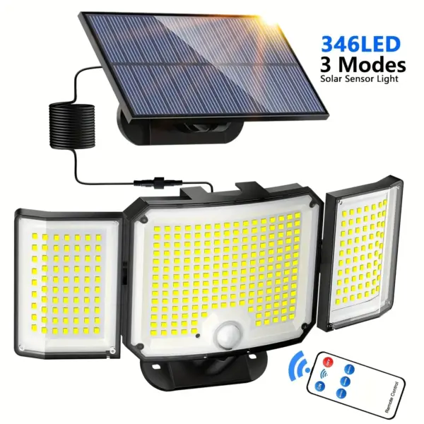 Solar Lights Outdoor with 3 Modes Motion Sensor 346LED Solar Security Lights Waterproof 3 Head Solar Wall Lamp for Patio Garden