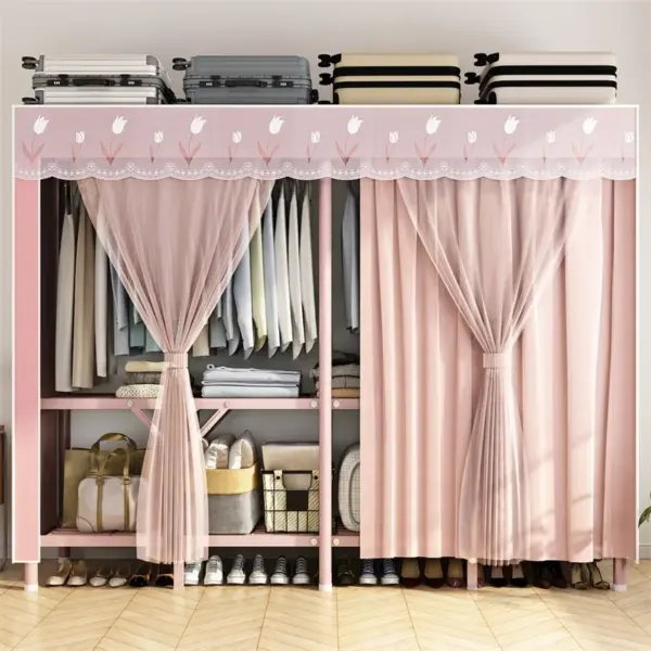 Mesh Wardrobe with Floral Curtains - Spacious, Multi - functional for Bedroom & Rental Spaces
