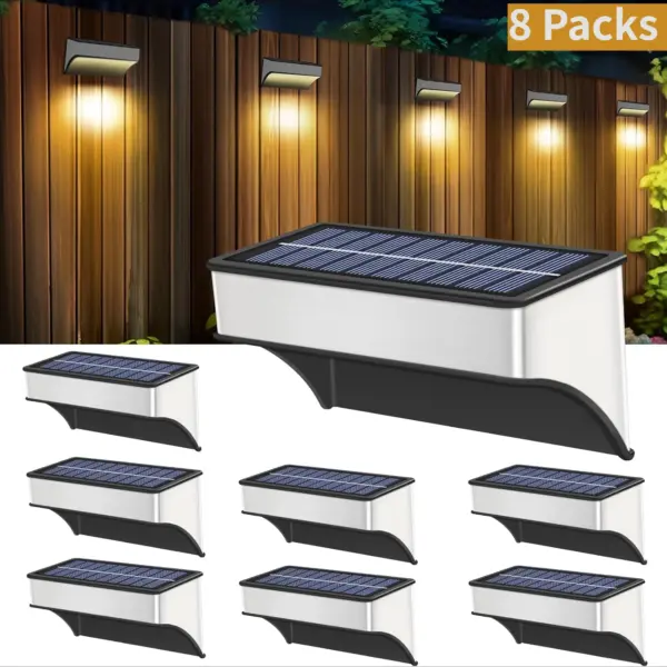 8Pack Solar Lights Outdoor Waterproof Solar Fence Lights 8 Modes RGB Solar Stainless Steel Wall Lamp for Yard Garden Fence Decor