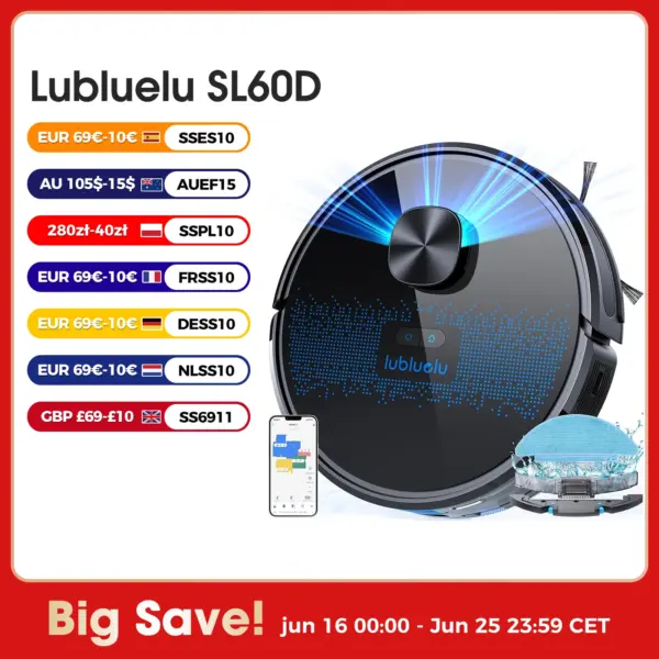 Lubluelu SL60D Robot Vacuum and Mop Combo - 4000Pa Suction, 150Mins Runtime, Quiet Operation, 10 No-Go Zones For Pet Hair Carpet