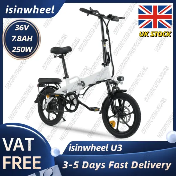isinwheel U3 White Foldable Electric Bike, 35miles Range, Fast Charge, Front Suspension, Easy to Carry, isinwheel E Bike