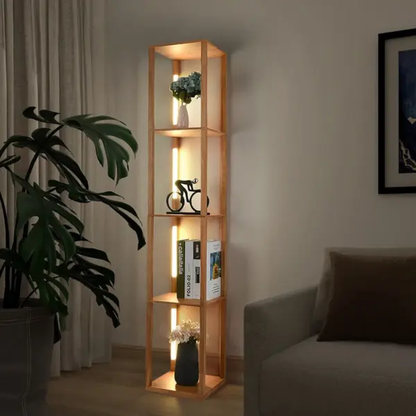 Wood LED Shelf Floor Lamp Storage Standing Lighting Nordic Modern LED Floor Lamps Indoor with Foot Swicth for Home Decoration