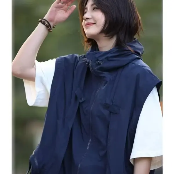 Vest Workwear Japanese Style Cool Stylish Outfit Design, Outdoor Hiking Functional Style, Loose Casual Hooded Jacket, Fishing
