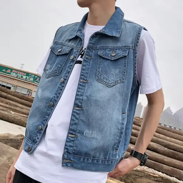 Sleeveless Denim Vest Pocket Denim Vest Stylish Men's Lapel Sleeveless Denim Jacket Ripped Holes Pockets Single Breasted for A