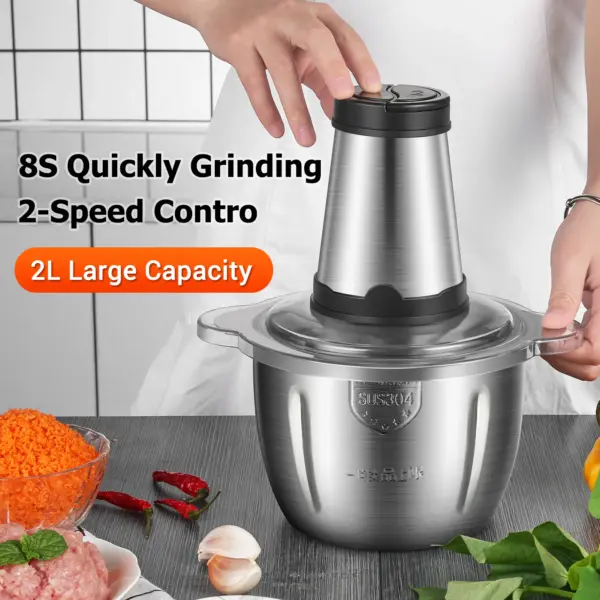 Electric Meat Grinder 2L Multi Function Stainless Steel Food Processor for Meat Fruits Nuts 2-Speed Control Food Chopper