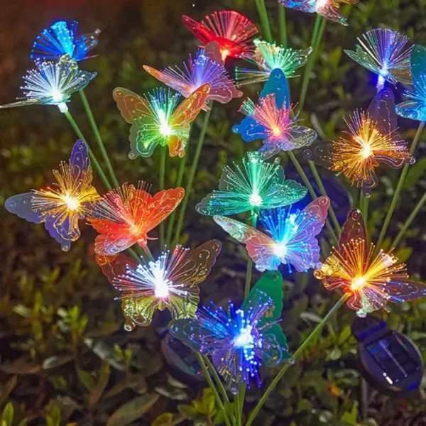6/8 Heads Butterfly Fiber Optic Flower LED Solar Lights Outdoor Wedding Party Decor Solar Garden Lawn Lamp for Yard Patio Decor