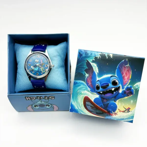 with box Disney Stitch Kids Watch Cartoon Character Stitch Cute PU Strap Analog Quartz Watch children's watches birthday gifts