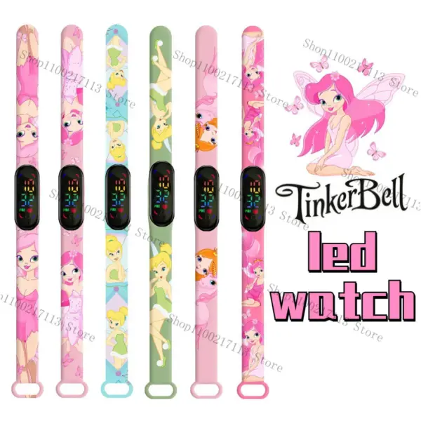 Disney Tinker Bell children's Watches Cartoon figure Fairy Luminous Bracelet Watch LED Touch Waterproof Sports kids watch gifts