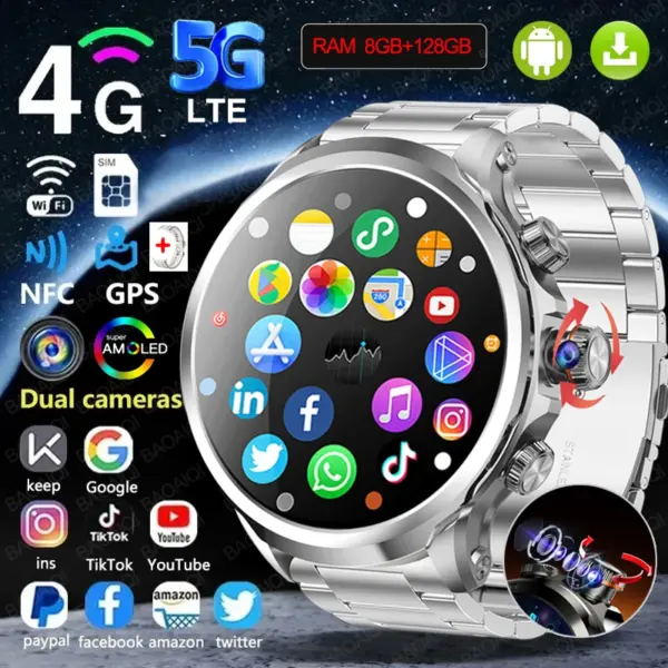 5G/4G Full Network Smart Watch 1.95 inch 680*680 AMOLED Screen HD Video Call 8GB+128GB RAM Smartwatch Google Play WIFI GPS Clock