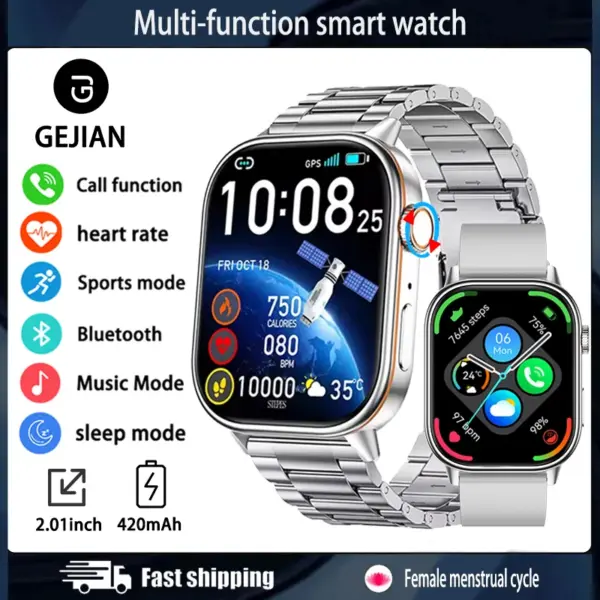 New GEJIAN Men's Smart Watch 2.01-inch TFT HD Screen 240 * 296 Resolution Heart Rate Sleep Health Monitoring Smart Call Watch