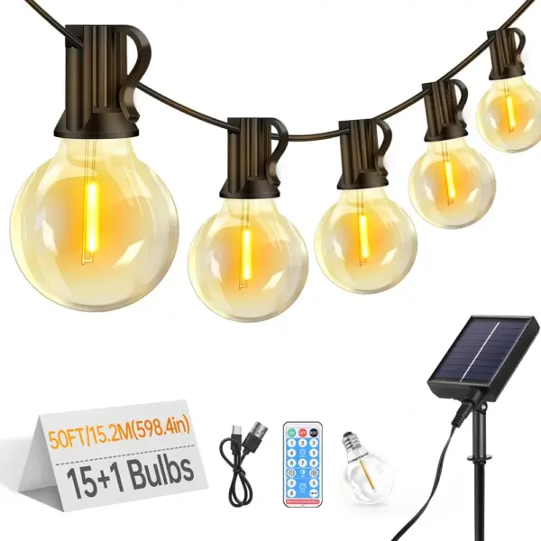 G40 15M/50FT Solar String Lights Outdoor 24V Patio Lights Shatterproof Remote Control for Camping Wedding Party Decoration