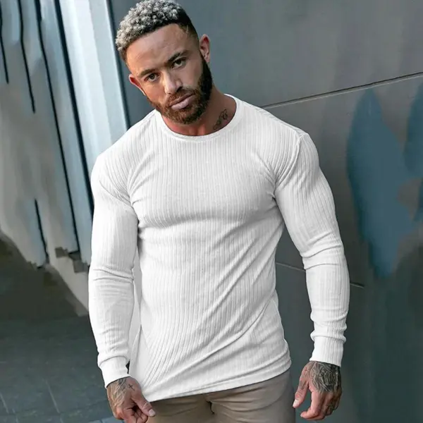 Autumn Breathable Knitted Long Sleeve Shirt Men Fitness Sport Stripe Slim Fit Clothing Gym Bodybuilding O-neck Quick Dry T-Shirt
