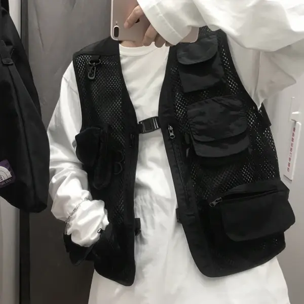 Casual vest men's loose oversized spring and autumn multi pocket three-dimensional bag solid color sleeveless outdoor quick dry