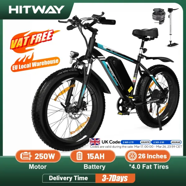 HITWAY Electric Bike E Mountain Bike, 26 * 4.0 Electric Bicycle Commute E-bike with 48V15Ah Removable Battery, 7 Speed