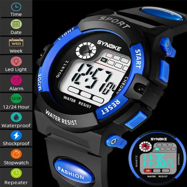 Synoke Kids Digital Sport's Watches Fashion PU Strap Led Waterproof Boy Girl Military Wristwatch Student Alarm Clock