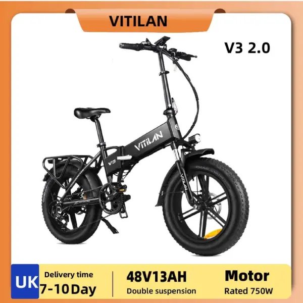 VITILAN V3 2.0 Electric Bike For Adults 750W Folding Mountain Electric Bike 48V13AH 20 inch Fat Tire Off Road Electric Bike