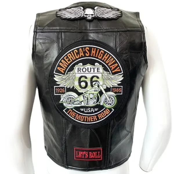 New Men Leather Motorcycle Vest Fashion Embroidery Sleeveless Jacket Sheepski Leather Club Riding Biker Vests Waistcoat
