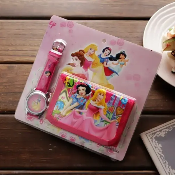 New Cartoon Princess Kids Watch with Wallet, Birthday Gift for Children, Fabric Wallet and Cartoon Watch Set Men Quartz Clock