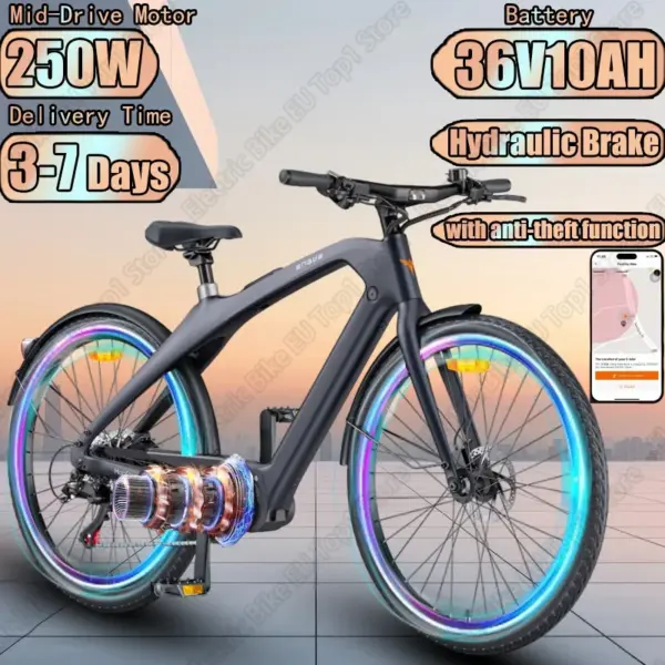 Electric Bke 250W Mid-Drive Motor 36V10AH Battery E-bike Carbon Fiber Frame with Anti-theft Function Hydraulic Brake E-Bicycle