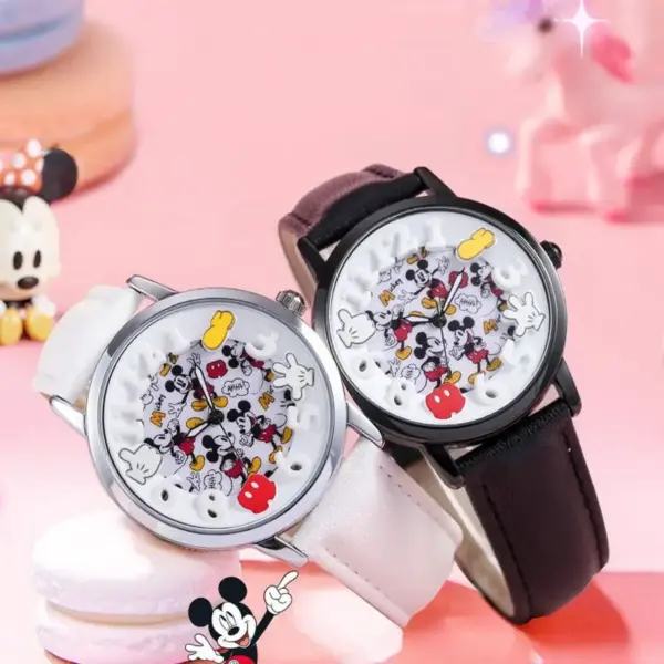 Disney Boys Fashion Cartoon Watch Cute Kids Mickey Mouse Watches Children Boys Girls Pu Leather Quartz WristWatch Clock Gift