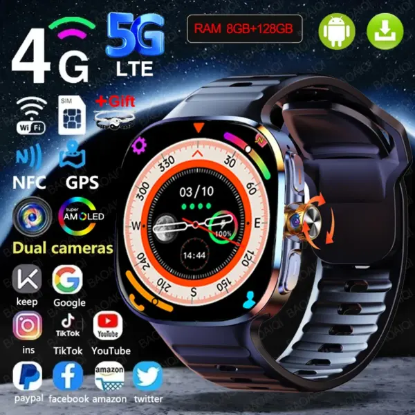 5G/4G Full Netcom 8GB+128GB RAM Smart Watch 2.4 inch 720*720 AMOLED 2100mah Battery 1000W Camera GPS WIFI Google Play Smartwatch