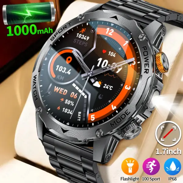 LIGE 2025 New For HUAWEI Xiaomi 1000mah AMOLED Smart Watch Men Sports Fitness LED Flashlight 3ATM Waterproof BT Call Smartwatch