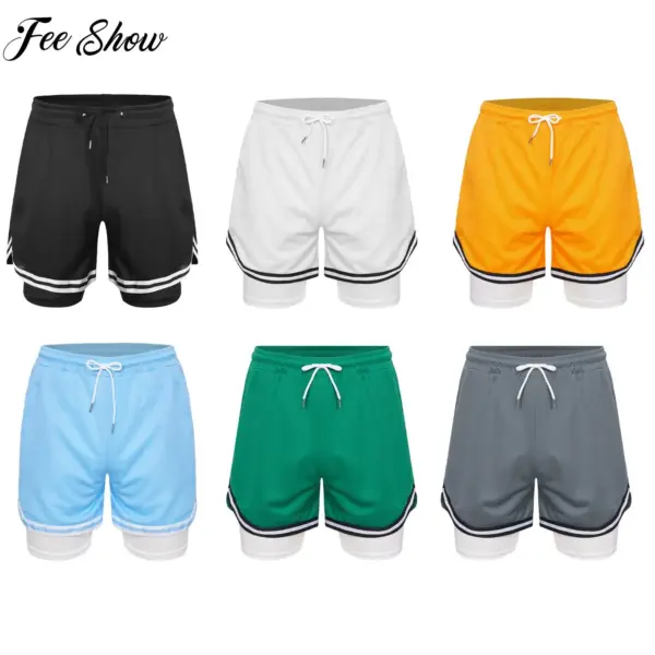 FEESHOW Children Boys Sport Shorts Built-in Leggings Drawstring Shorts Kids Running Basketball Athletic Cycling Training Clothes