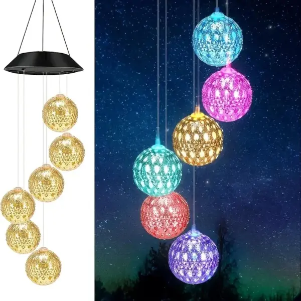1pc Morocco Ball/Mirror Ball Solar Wind Chime Light Outdoor Garden Waterproof 6LED Hanging Lamp For Home Terrace Courtyard Decor