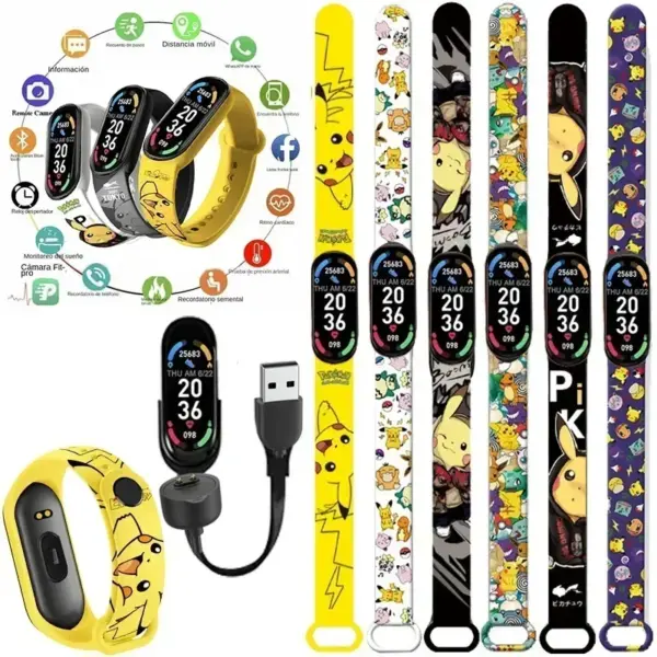 Pikachu Smart Watch Sports Electronic Heart Rate Pressure Pedometer Bracelet Rechargeable Childrens Anime Character Gift