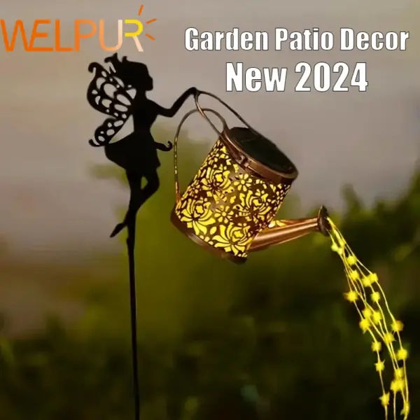 1PC Solar Watering Can Lights Waterproof Garden Hanging Fairy Lamp Outdoor Retro Metal Kettle String Lights Patio Decoration