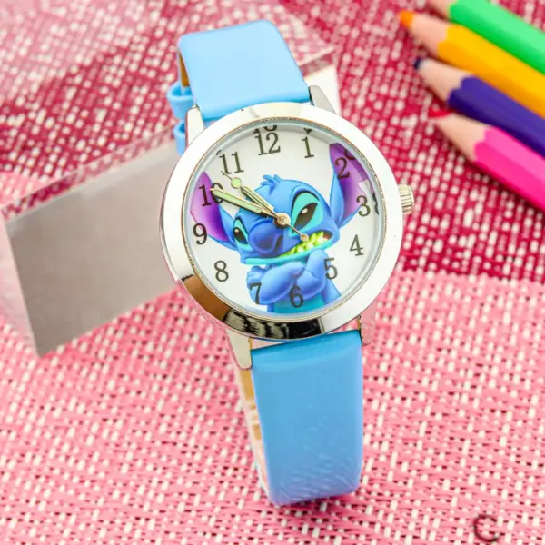Disney Stitch Children's Watches Cartoon PU Strap Analog Watch Kids Quartz Watches Boys Kids Gifts for Primary School Students